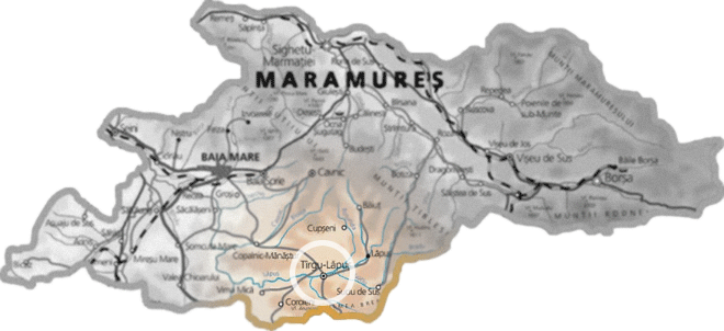 Harta Maramureșului, pe care se evidențiază orașul Târgu Lăpuș